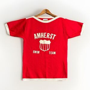 Vintage Amherst Swim Team Ringer T Shirt Dolfin 70s Red College USA Shield Crest